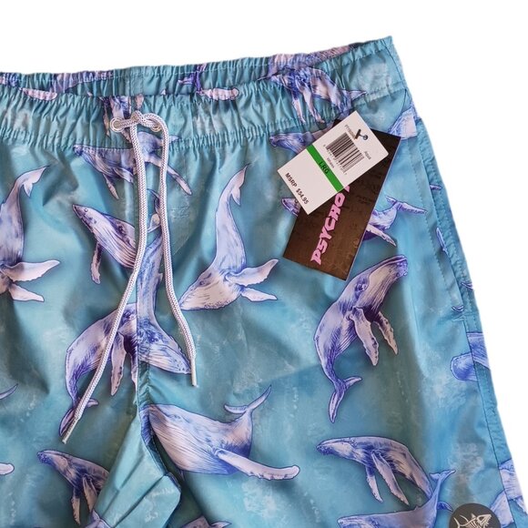 Psycho Tuna Humpback Whales Mens Large Swim Shorts Aqua Drawstring Pockets - Picture 3 of 8